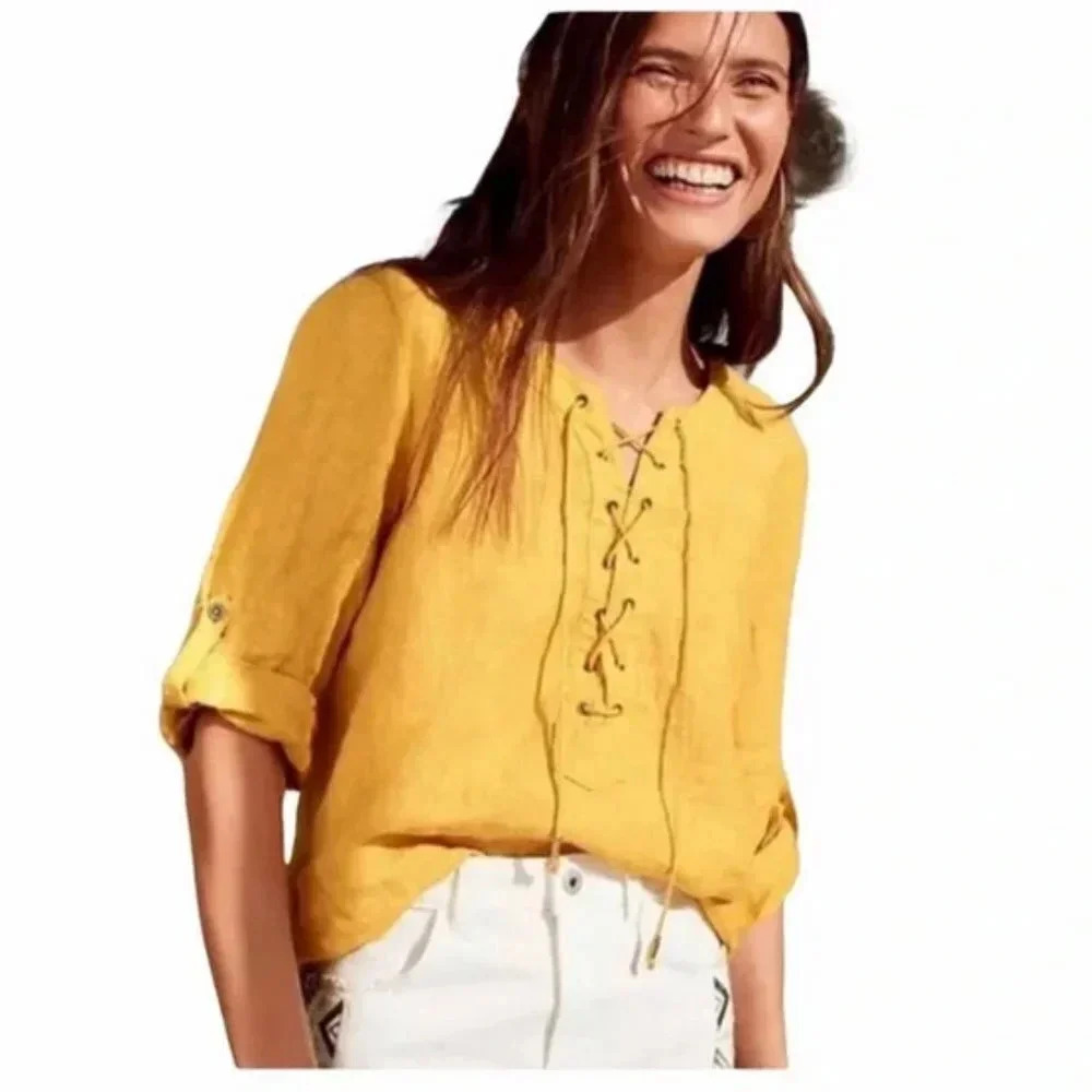 Maeve Anthropologie Linen Top, Size 6, Marva Mustard Yellow Gold Lace-up‎ Neck